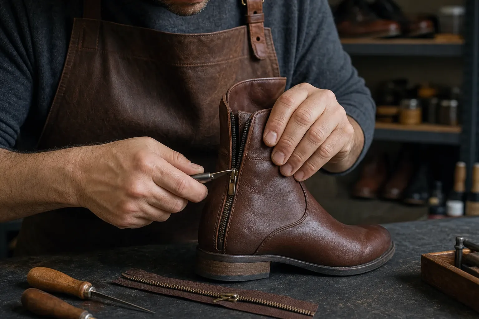 Profissional consertando zíper de bota em Valparaíso de Goiás.