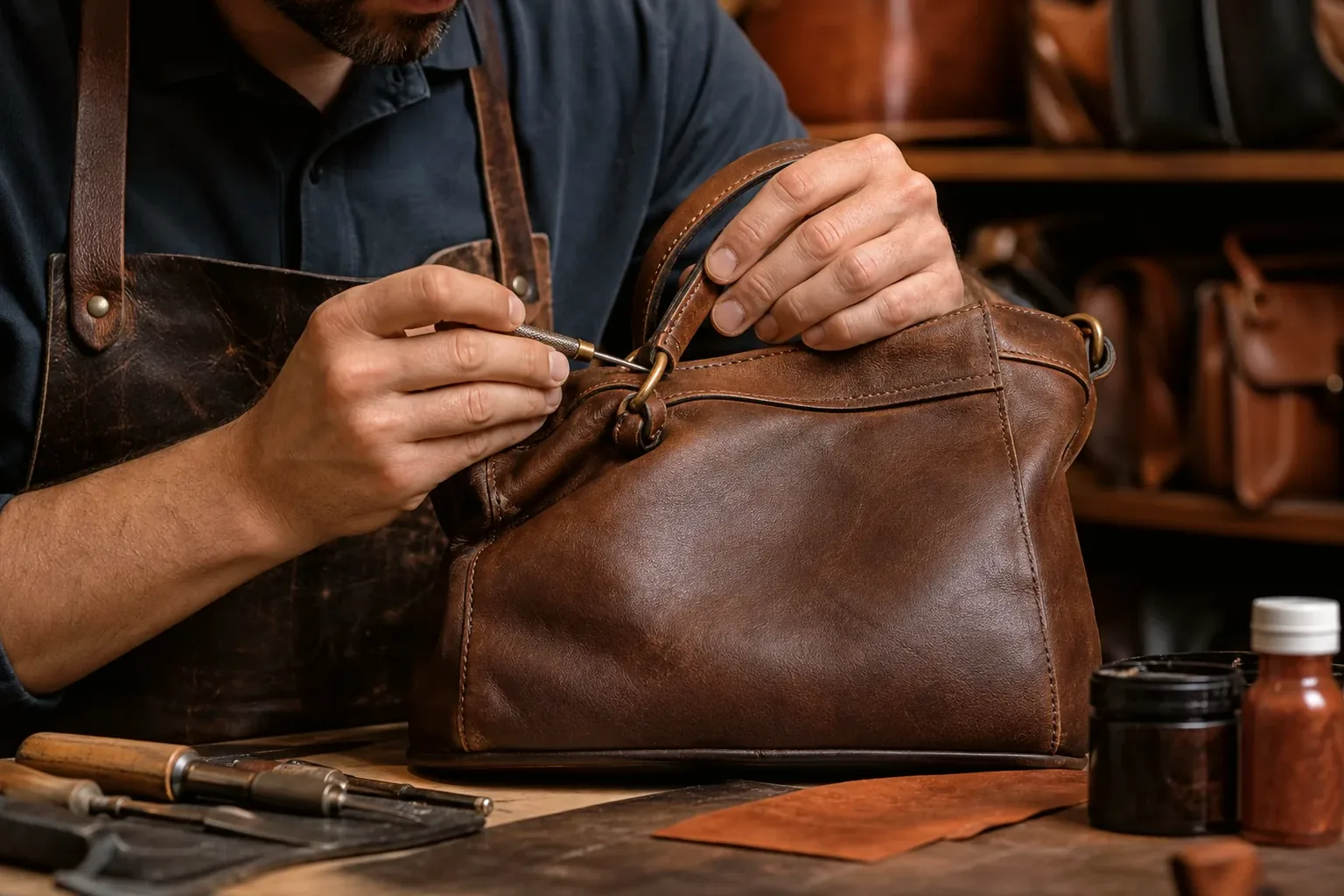Profissional reformando bolsa de couro em Valparaíso de Goiás.