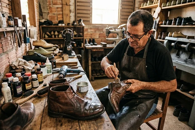 Sapatos sendo impermeabilizados em Valparaíso de Goiás.